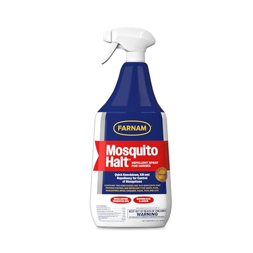 Farnam Mosquito Halt Repellent Spray for Horses, 32 oz | Bug repellent spray kills and repels; Also repels face flies, stable flies, house flies, gnats, mites, chiggers and lice - size: 32 Fl Oz (Pack of 1)