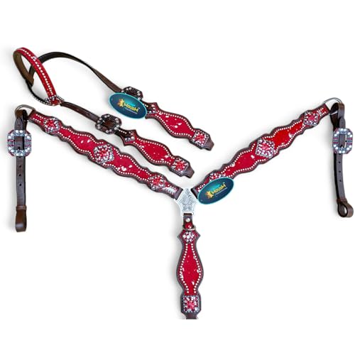 Western Leather Headstall & Breast Collar Set for Horses - Valentine’s Day Silver Metallic Cowhide with Rhinestones - color: Red