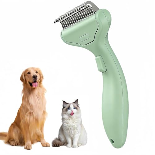 Undercoat Rake for Dogs & Cats, 3-in-1 Skin-Friendly Pet Fur Brush with One-Click Self-Clean Button, Deshedding Dog Brush for Long haired Pets, Cat Comb Removes Matted Fur & Loose Hair (Light-Green) - color: Light-Green