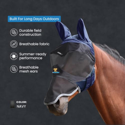 Shires Flyguard Pro Deluxe Horse Fly Mask with Ears & Nose - UV Protection & Fine Mesh Navy/Cob - color: Navy, size: Cob