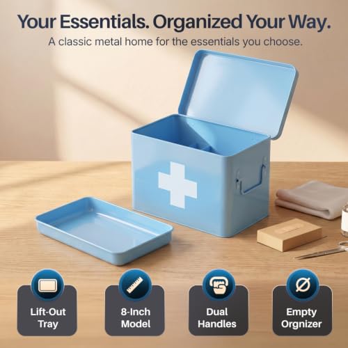 Flexzion Large Metal First Aid Box Empty, 8.5-Inch, Blue with White Cross - color: Blue, size: 8.5 Inch without Latch Lock