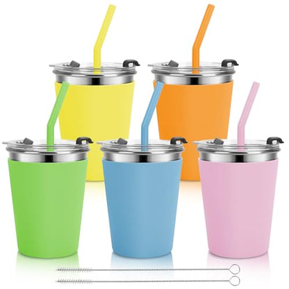 Stainless Steel Kids Cups with Lids, 5 Pack 12oz Spill Proof Cups - color: Orange, Green, Light Blue, Pink, Yellow
