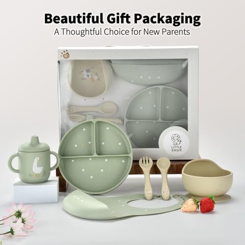 Little Rawr Baby Led Weaning Bundle, 100% Silicone Baby Feeding Set Includes Divided Plate, Suction Bowl, Straw Cup, Bib, Spoon & Fork, Develops Self Feeding Skills, Dishwasher Safe (Green) - color: Green