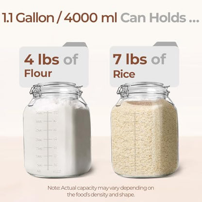 ComSaf Large Square Glass Food Jars 1.1 Gallon 2 Pack for Flour Sugar Rice - size: 1.1 Gal*2-Wide Mouth