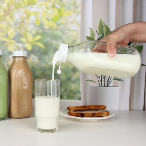 32 oz Glass Milk Bottles 4 Pack Quart Refrigerator Water Container | Reusable Juice Pitchers with Nut Milk Bag & 2 Airtight Lids & 2 Pour Spout & Brush, Drinking Jars for Coffee Smoothie