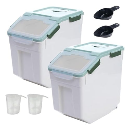 2 Pack 50 lb Airtight Flour Storage Containers with Wheels, Green | Large Rice Bin, Seal Locking Lid, BPA-Free, Includes Measuring Cup & Scoop, Kitchen Organization - color: Green