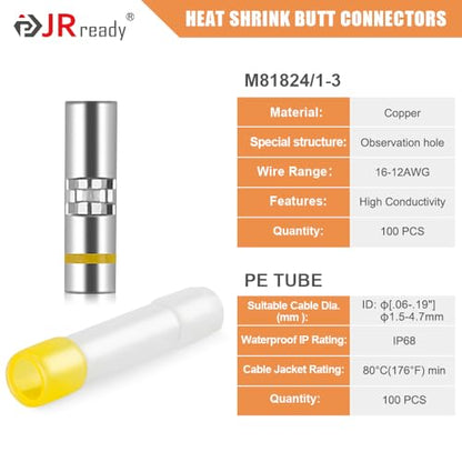 JRready 100 Sets IP68 Waterproof Wire Connectors Heat Shrink 16-12 AWG Insulated Electrical Marine Automotive Yellow Butt Connectors Tinned Copper Crimp Terminals Butt Splices - color: 12# 100 Pairs