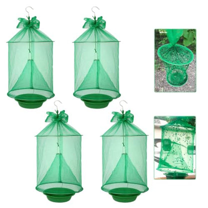 4 Pack Reusable Outdoor Fly Trap Hanging Fly Catcher with Brush | Fly Cage Ranch Fly Traps with Bait Tray, Fly Control Killer Repellent Hunter Catcher for Barn Orchard Farm Horse Patio - size: 4 pack