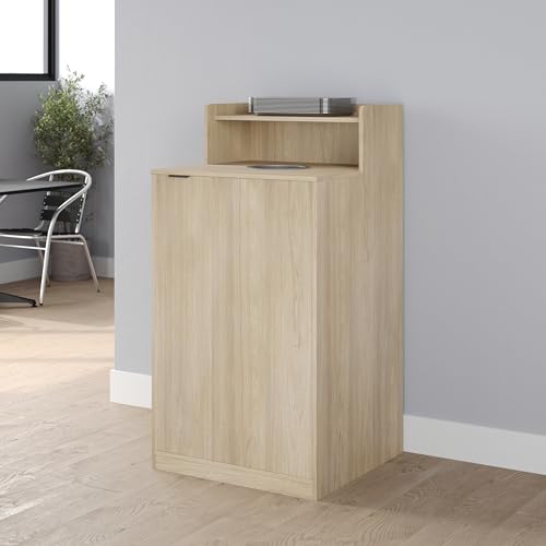 Flash Furniture Trash Can Enclosure, 32 Gallon, Oak | 8" Drop Hole, Tray Shelf, Swing Door, Commercial Grade - color: Oak