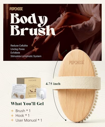 POPCHOSE Dry Brush for Lymphatic Drainage, Dry Brushing Body Brush | Natural Boar Bristle Body Brush, Dry or Wet Exfoliating Shower Scrub Brush for Smoother Skin, Self Care Routine Gift - size: 1 Count (Boar Bristles)