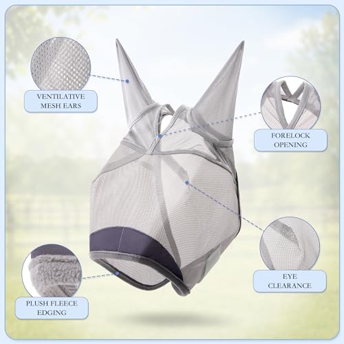 Horse Fly Mask, Super Comfort Fly Masks for Horses, Adjustable UV Protection Breathability Horses Fly Masks with Ears, Pony Mini Equine Fly Mask for Miniature Foal Draft Cob Srabian Full (Gray, S) - size: S