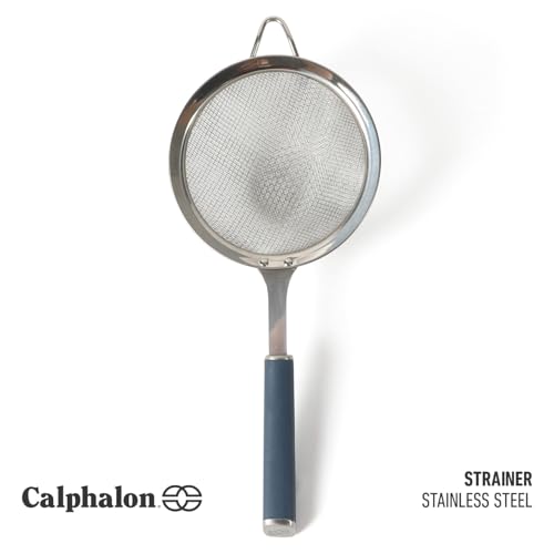 Calphalon Edge Stainless Steel Strainer, Fine Mesh Kitchen Colander Strainer with Thermoplastic Rubber Handle, Sifter for Rinsing, Draining & Straining Food, Navy - color: Navy Blue w/ Rubber Handle (Edge - Strainer)