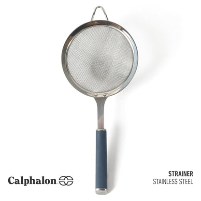 Calphalon Edge Stainless Steel Strainer, Fine Mesh Kitchen Colander Strainer with Thermoplastic Rubber Handle, Sifter for Rinsing, Draining & Straining Food, Navy - color: Navy Blue w/ Rubber Handle (Edge - Strainer)