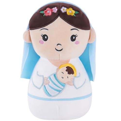 Virgin Mary Plush Doll, 8-Inch Mother Mary Stuffed Plushie Pillow Holding Baby Jesus, Catholic Toys for Kids, Baby Nativity Scene Set, Catholic Gifts for Boys Girls Nursery Decor - style: Virgin Mary