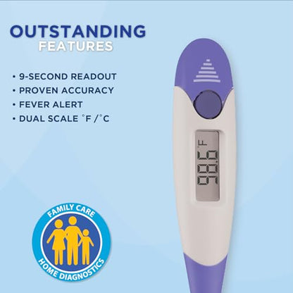 Veridian Oral & Rectal Digital Thermometer Stick Digital Display 08-359-9 9 per Box | Preloaded Counter Display, Fever Alert at 100.0°F, Oral, Rectal & Underarm Use, Memory Recall, Storage Case