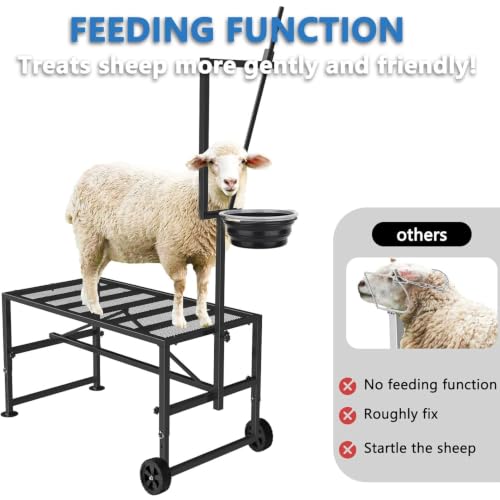 Upgraded Goat Stand with Wheels & Feed Bin, Adjustable Headpiece - color: Black, size: L - 47 inch (with Wheel)