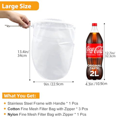 5 Pcs Premium Ultra Fine Mesh Strainer Bags with Stainless Steel Handle, Reusable Nut Milk Bags, Cheese Cloths for Straining Juice, NutMilk, Coffee, Thai Tea, Yogurt and Soup (Large) - size: Large