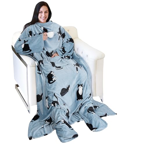 Catalonia Wearable Blanket with Sleeves & Foot Pocket for Adults - color: Wondercat Grey, size: Fleece