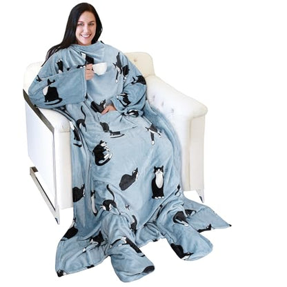 Catalonia Wearable Blanket with Sleeves & Foot Pocket for Adults - color: Wondercat Grey, size: Fleece