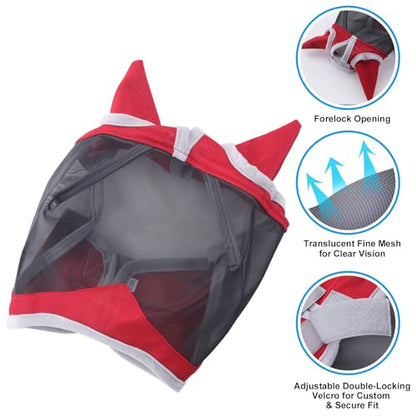 Horse Fly Mask with Ears, Breathable Fine Mesh Red Pony - color: Red, size: Pony