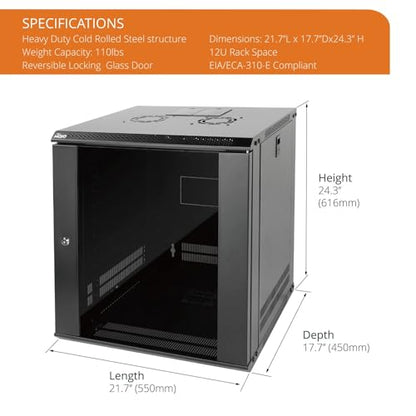 Tecmojo 12U Wall Mount Server Cabinet IT Network Rack Enclosure Lockable Door and Side Panels Black,Cooling Fan,Glass Door,17.7inch Depth,for 19” IT Equipment,A/V Devices - size: 12U/Glass Door/Black