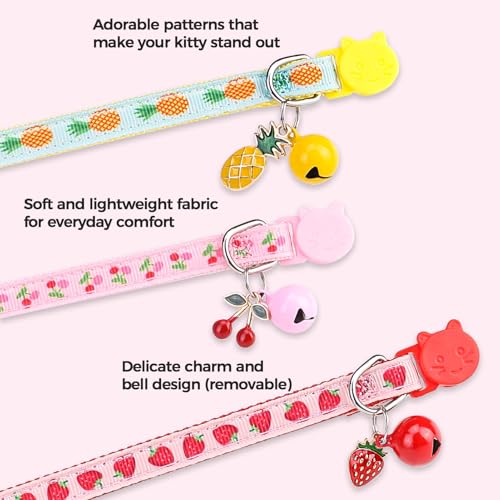 BINGPET Cat Collar Breakaway with Bell, Cute Kitten Collar - color: Fruit-3pcs