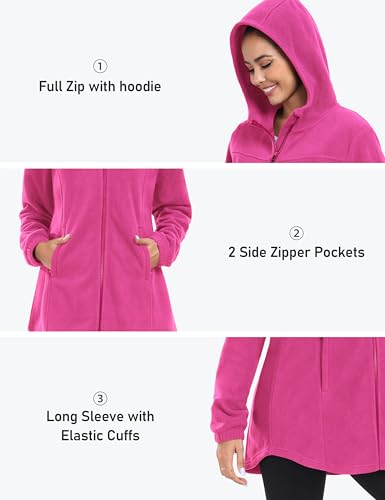 MoFiz Womens Long Soft Polar Fleece Jacket Full Zip with Hood - color: Jacket-rose Red, size: X-Large