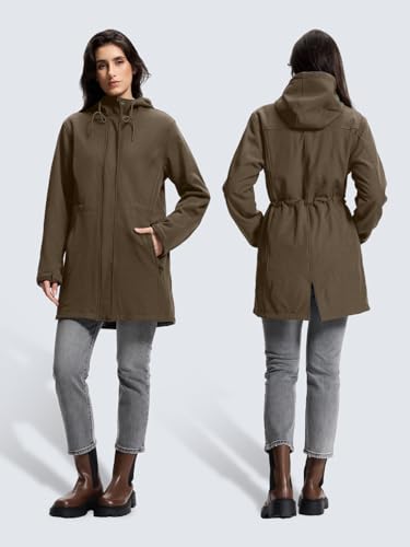 SaphiRose Women's Waterproof Rain Jacket with Fleece Lining Hooded Windbreaker Long Warm Outdoor Softshell Coat - color: Olive Green, size: Medium