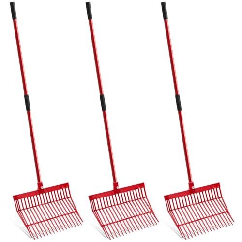 Lasnten 3 Sets Manure Fork with Long Metal Handle Pitch Fork, 18 Angled Tines Manure Rake Heavy Duty Muck Rake for Gardening Horse Stable Grass Hay Cleaning Farm Work(Red, Normal Grip) - color: Red