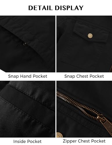 WenVen Men's Casual Canvas Cotton Military Lapel Jacket - color: Black, size: Small