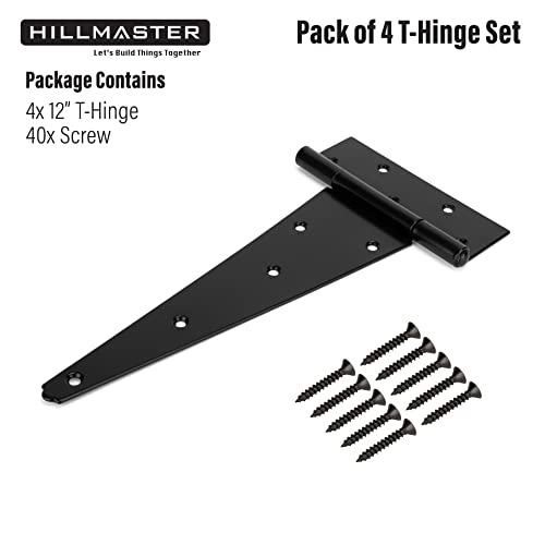 HILLMASTER 12 Inch T-Strap Heavy Duty Shed Door Hinges Gate Strap Hinges Black Tee Hinge Wrought Hardware for Wooden Fences,Yard,Barn Door,Rustproof (4 Pack) - size: 12in 4Pack