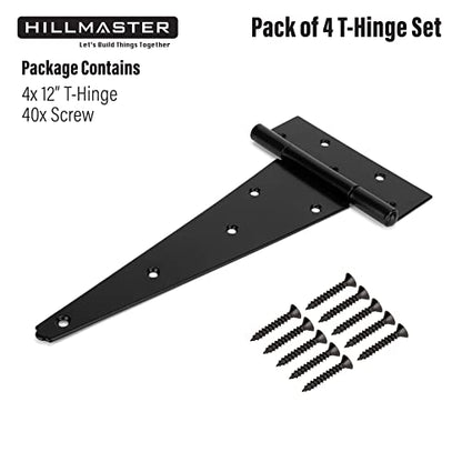 HILLMASTER 12 Inch T-Strap Heavy Duty Shed Door Hinges Gate Strap Hinges Black Tee Hinge Wrought Hardware for Wooden Fences,Yard,Barn Door,Rustproof (4 Pack) - size: 12in 4Pack
