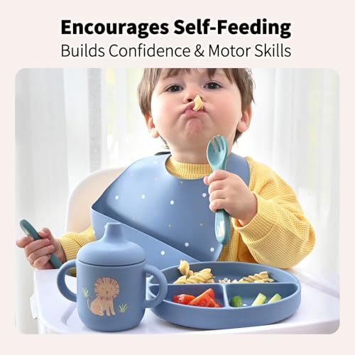Little Rawr Baby Led Weaning Bundle, 100% Silicone Baby Feeding Set Includes Divided Plate, Suction Bowl, Straw Cup, Bib, Spoon & Fork, Develops Self Feeding Skills, Dishwasher Safe (Blue) - color: Blue