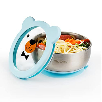 MR. CHOU Baby Bowls with Non-Slip Silicone Suction Cup, Insulated Double-Layer 18/8 Stainless Steel Toddler Bowls with BPA Free Airtight Lids, Food-Grade Silicone Safe for Kids (Blue) - color: Blue