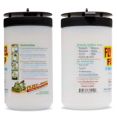 Flies Be Gone Outdoor Fly Trap 6-Pack - Reusable Container, Patent Pending Screw Lid, Suspension Strap & 12 Protein-Powered Attractant Packs - Best Fly Catcher for Outdoor Home and Commercial Use.