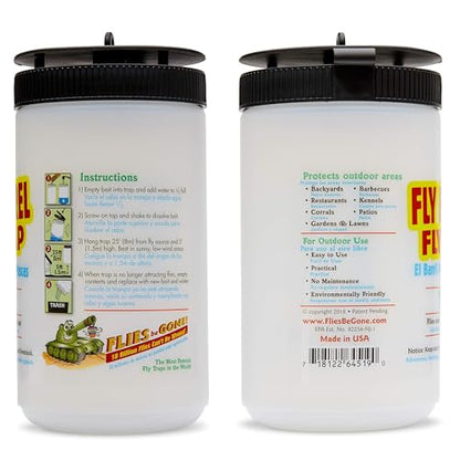 Flies Be Gone Outdoor Fly Trap 6-Pack - Reusable Container, Patent Pending Screw Lid, Suspension Strap & 12 Protein-Powered Attractant Packs - Best Fly Catcher for Outdoor Home and Commercial Use.