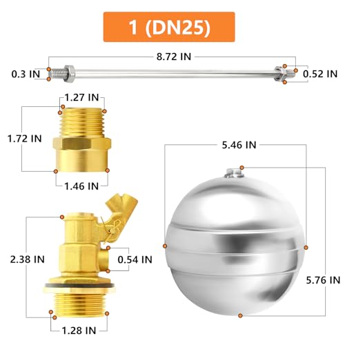 GASHER 1PCS 1" 304 Stainless Steel Float Ball Valve with 1"G Female x 1"NPT Male Adapter, DN25 Adjustable Water Tank Float Ball Valve for Stock Tank Pool Water Level Control - size: 1" DN25