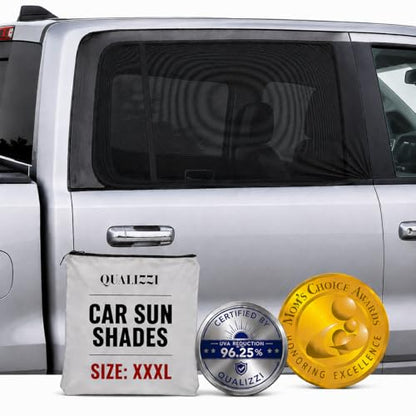 XXXL/Window Sun Shades for Trucks, 2-Pack/8 Sizes. Stretch-To-Fit H: 23"x W: 50" Rear Windows. Slip-On Breathable Mesh Socks for Side Windows, Full Coverage, Heat & Bug Protection, 2-Pack by Qualizzi - size: 3XL - Universal