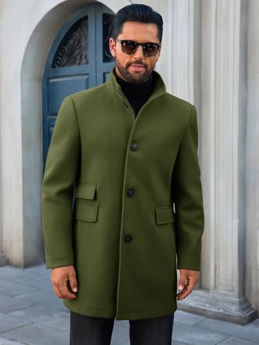 Runcati Mens Pea Coat Single Breasted Mid Long Trench Coat Overcoat | Slim Fit, Stand Collar, Fall Winter, Jacket, Pocket, Warm, Casual, Dress, Business, Christmas Gift - color: Army Green, size: Medium