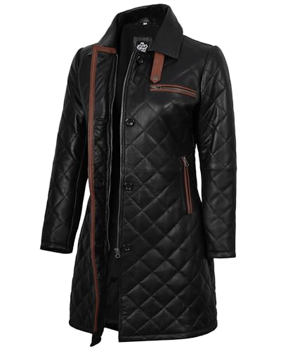 fjackets Lambskin Stylish Leather Car Coats for Womens - Real Long Leather Jacket Women Casual Leather Coat Women Outerwear - color: Glen Quilted Black Women's Leather Coat, size: Medium