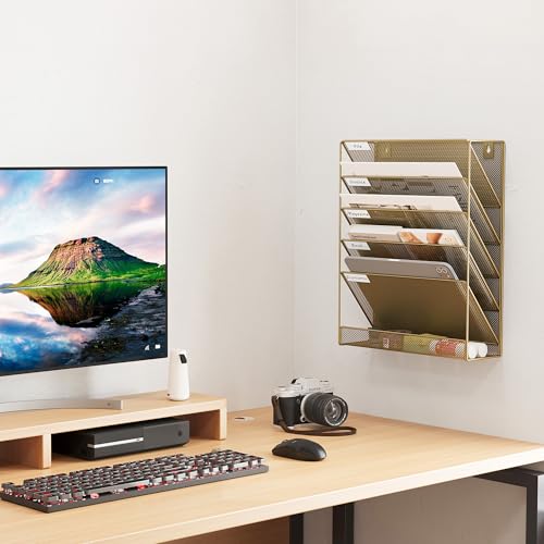 EasyPAG 5 Tier Wall File Holder, Mesh Hanging Folder Organizer with Classify Label, Versatile Desk File Holder, Vertical Wall Mounted Mail Organizer for Office Home Cubicle, Gold - color: Gold