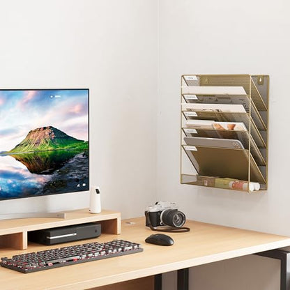 EasyPAG 5 Tier Wall File Holder, Mesh Hanging Folder Organizer with Classify Label, Versatile Desk File Holder, Vertical Wall Mounted Mail Organizer for Office Home Cubicle, Gold - color: Gold