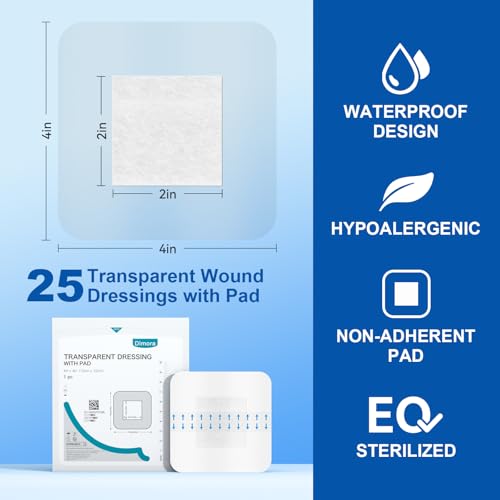 Dimora Waterproof Adhesive Bandages with Pad, Transparent Film Dressing 4x4 inch 25 Packs, Clear Bandage Tape for Wound Care, Fragile Skin and Swimming,IV Shield, Tattoo Aftercare - size: 4x4 Inch