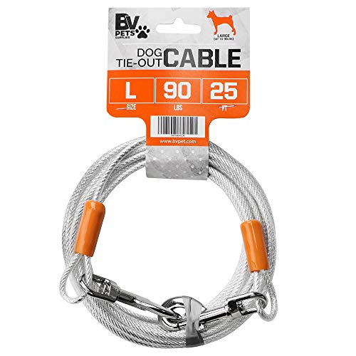 BV Dog Tie Out Cable 25 Feet - Heavy Duty Dog Lead up to 90 Pounds - Reflective & Rust-Free with Quick Release Swivel Clips & 360° Rotating Clasp - Tangle-Free Dogs Runner for Yard (Silver, Single) - color: 90lbs/ 25ft/ Silver, style: Single
