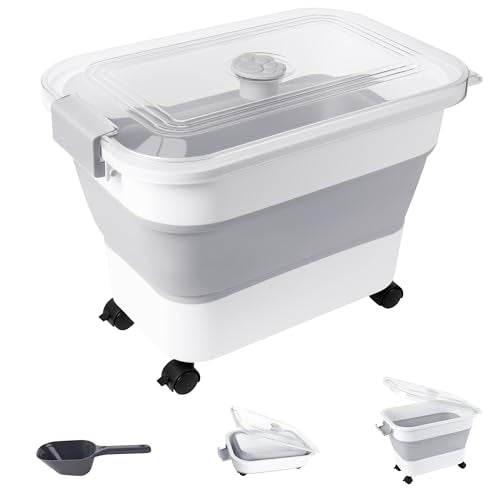 Dog Food Storage Container 25-30lbs, Airtight Pet Food Bin with Transparent Lid, Collapsible Design with Rolling Wheels & Scoop, Space-Saving, Light Gray - color: Light Gray-M