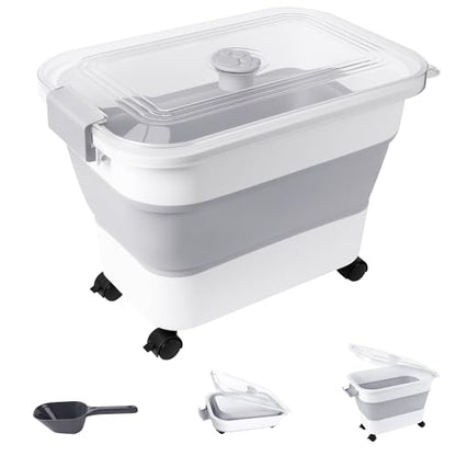 Dog Food Storage Container 25-30lbs, Airtight Pet Food Bin with Transparent Lid, Collapsible Design with Rolling Wheels & Scoop, Space-Saving, Light Gray - color: Light Gray-M