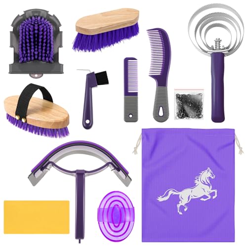 Abbylike 12 Pieces Horse Grooming Kit Equine Care Brushes, Gray and Purple - color: Gray and Purple