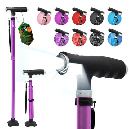 BeneCane Walking Cane for Women Folding Cane for Men with Two Led Lights Quad Cane with Stable Base Lightweight and Adjustable Walking Stick - color: Purple