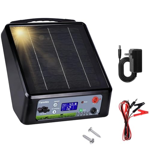 20 Miles Solar Electric Fence Charger, Adjustable 6/8/10/12KV & 0.3J-2J Pulse Energy, AC & Solar Power Electric Fence Charger for Garden Farm Pasture Livestock Predator Protection