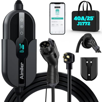 AIMILER Level 2 Electric Vehicle (EV) Charger(WiFi APP/Plug-Play), 40A, 25ft Cable ETL Certified, 220V-240V NEMA 14-50P Plug EVSE w/ J1772 Connector, Portable EV Car Charging Stations (Jet) - color: Jet Black